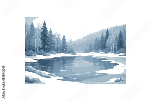 wide flat vector winter forest landscape layered cutout paper shapes lakeside with thin ice mixed conifers and bare trees cool muted blues and grays simple ripples clean 2D crisp edges