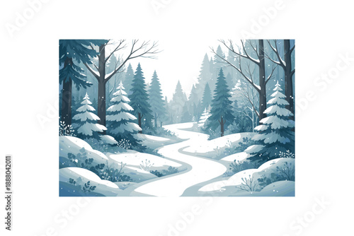 wide flat vector winter forest landscape layered cutout paper shapes forest corridor winding trail mixed conifers and bare trees cool muted colors light snowfall clean 2D crisp edges