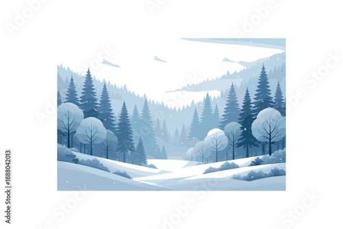 wide flat vector winter forest landscape layered cutout paper shapes distant foggy mountains mixed tall pines and bare round trees cool muted blues layered haze clean 2D crisp edges minimal