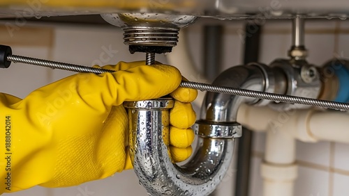 Blocked drain removal in home sink with plumbing snake and safety gloves