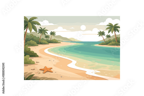 wide flat vector tropical beach landscape layered cutout paper shapes curved cove shallow water gradient bands palm silhouettes muted palette tiny starfish foreground clean 2D crisp edges