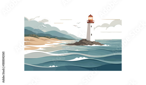 wide flat vector seaside lighthouse layered cutout paper shapes waves bands lighthouse silhouette muted coastal palette clean 2D crisp edges minimal subtle texture no outlines