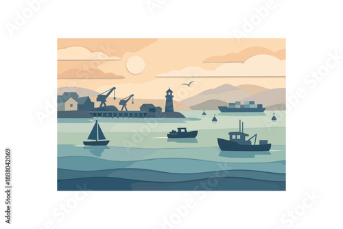 wide flat vector harbor layered cutout paper shapes boats silhouettes calm water bands muted palette clean 2D crisp edges minimal subtle texture no outlines