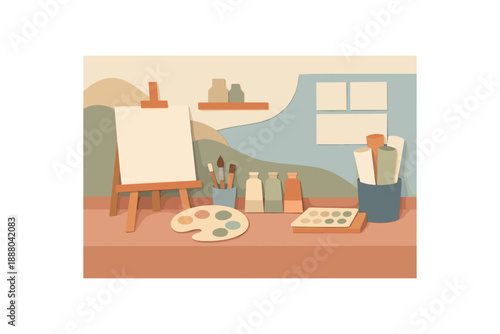 wide flat vector art studio layered cutout paper shapes easel and paint tubes silhouettes muted palette clean 2D crisp edges minimal subtle texture no outlines