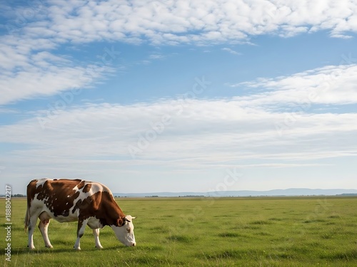Brown and white cow grazing peacefully in a lush green pasture under sunny sky