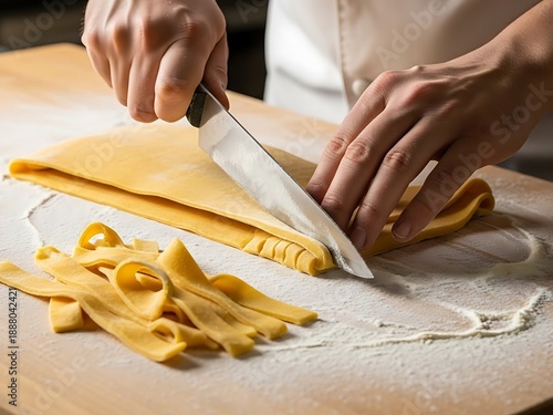 Chef preparing homemade pasta with knife on wooden cutting board studio