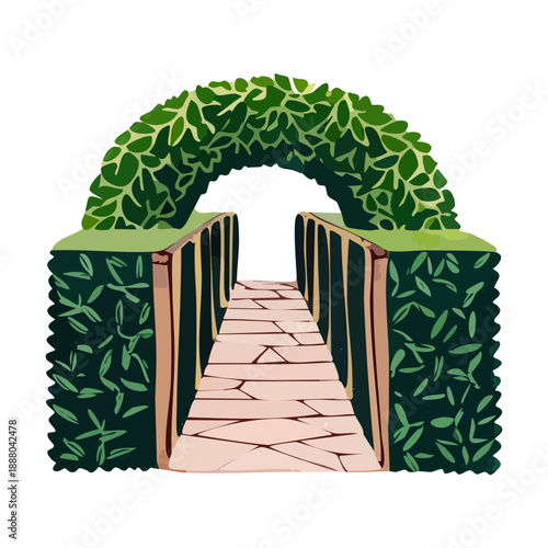 Enchanting garden entrance with stone walkway passing through a green hedge archway and leafy Plant