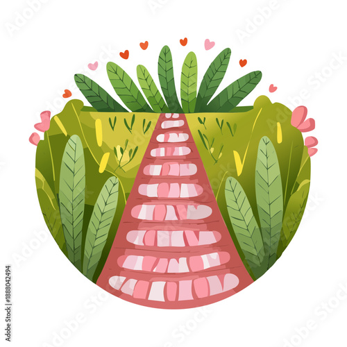 Rustic red stone garden steps winding through dense green forest bushes and thick leafy Plant