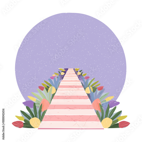 Pink garden path leading to a purple sky with green grass and spring floral Plant