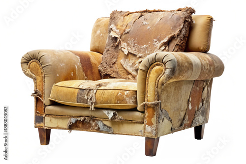 Ripped old armchair, isolated on white background.png