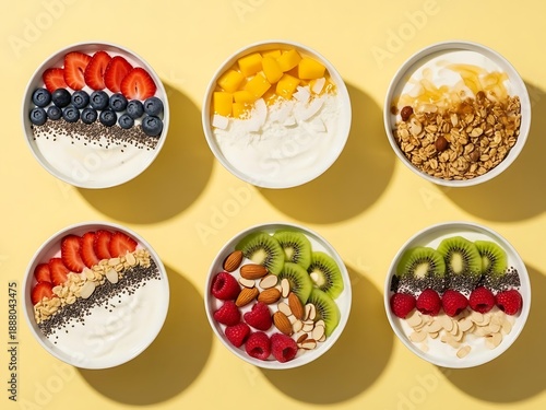 Creative arrangement of healthy yogurt bowls with fresh diverse toppings