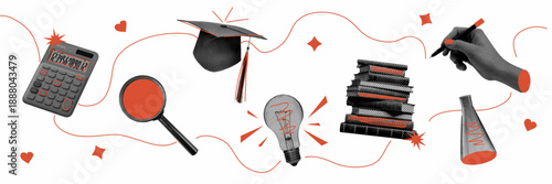 Set of vector cutout elements in a halftone collage style on the topic of education.