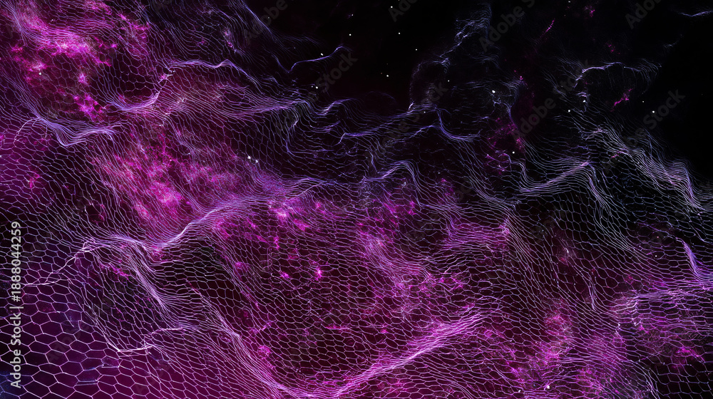Obraz premium Abstract digital network with glowing purple mesh and wave patterns.