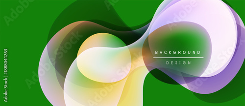 Abstract fluid shapes overlap, creating dynamic composition. Green background enhances vibrant color palette. Modern design element.