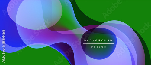 Abstract fluid shapes overlap, creating vibrant color gradients. Green dominates background, purple and blue accents present. Modern design element.
