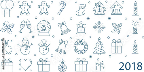 Christmas line icon set with holiday symbols gingerbread snowman gifts candles bells snowflakes and decorations isolated on white background for vector design