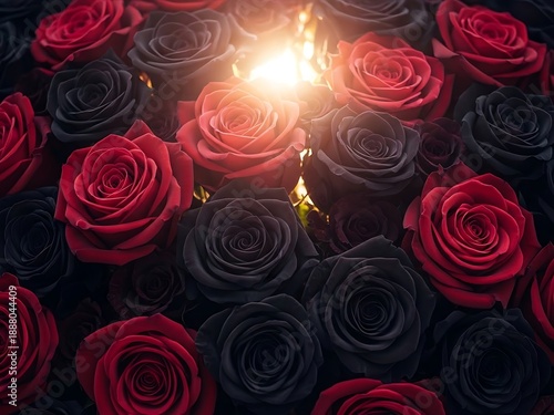 Elegant arrangement of red and black roses with soft, radiant light