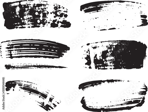 Brush set. Vector black paint brush spots, highlighter lines or felt-tip pen marker. Ink smudge abstract shape stains and smear set with texture