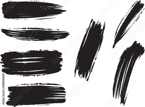 Brush set. Vector black paint brush spots, highlighter lines or felt-tip pen marker. Ink smudge abstract shape stains and smear set with texture
