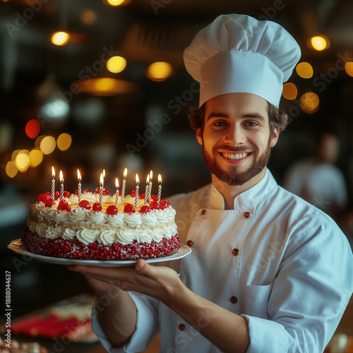 Smiling male pastry chef white uniform presents a cherry-topped birthday cake with lit candles in a warmly lit kitchen. Elegant and appetizing composition.