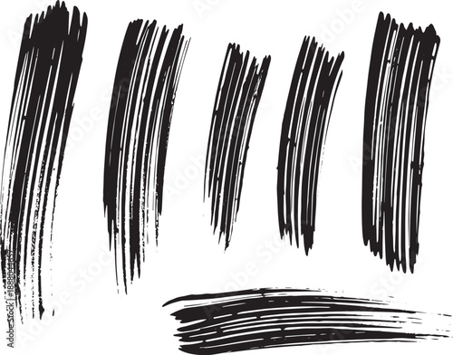 Brush set. Vector black paint brush spots, highlighter lines or felt-tip pen marker. Ink smudge abstract shape stains and smear set with texture