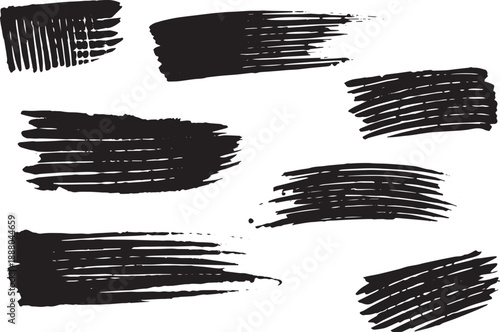 Brush set. Vector black paint brush spots, highlighter lines or felt-tip pen marker. Ink smudge abstract shape stains and smear set with texture