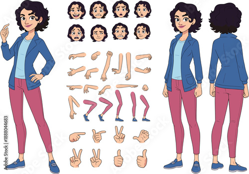 Cartoon Woman Character Sheet with Blazer, Pink Pants, Expressions, Gestures, Turnaround Views for Animation, Storytelling, Comics, and Design