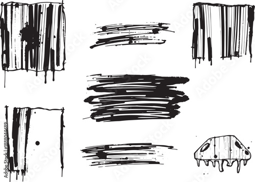 Brush set. Vector black paint brush spots, highlighter lines or felt-tip pen marker. Ink smudge abstract shape stains and smear set with texture