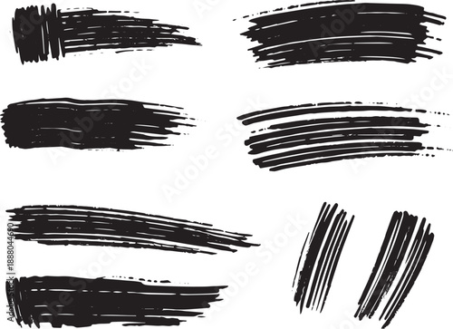 Brush set. Vector black paint brush spots, highlighter lines or felt-tip pen marker. Ink smudge abstract shape stains and smear set with texture