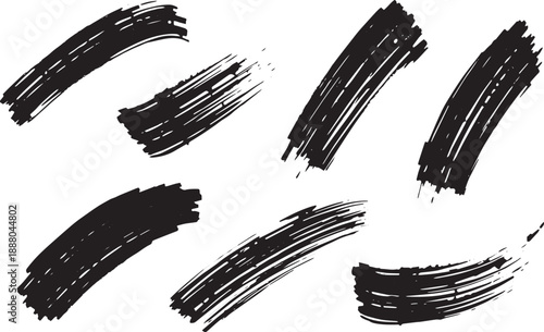 Brush set. Vector black paint brush spots, highlighter lines or felt-tip pen marker. Ink smudge abstract shape stains and smear set with texture