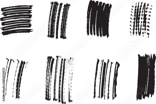 Brush set. Vector black paint brush spots, highlighter lines or felt-tip pen marker. Ink smudge abstract shape stains and smear set with texture