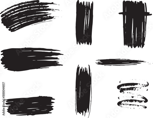 Brush set. Vector black paint brush spots, highlighter lines or felt-tip pen marker. Ink smudge abstract shape stains and smear set with texture