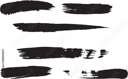 Brush set. Vector black paint brush spots, highlighter lines or felt-tip pen marker. Ink smudge abstract shape stains and smear set with texture