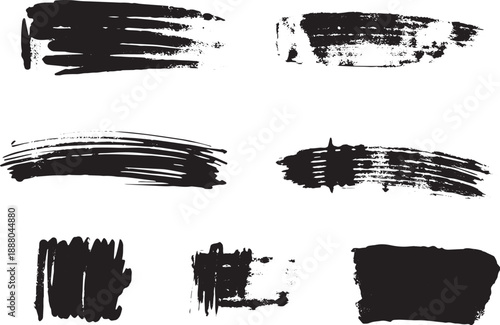 Brush set. Vector black paint brush spots, highlighter lines or felt-tip pen marker. Ink smudge abstract shape stains and smear set with texture