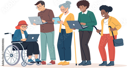 Diverse Group Using Laptops and Tablets in Inclusive Scene Featuring Wheelchair, Cane, and Accessible Technology for Digital Engagement