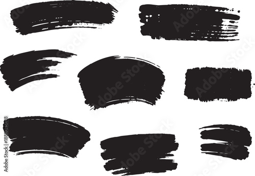Brush set. Vector black paint brush spots, highlighter lines or felt-tip pen marker. Ink smudge abstract shape stains and smear set with texture