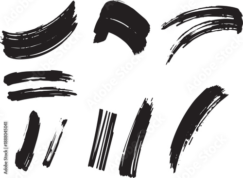 Brush set. Vector black paint brush spots, highlighter lines or felt-tip pen marker. Ink smudge abstract shape stains and smear set with texture