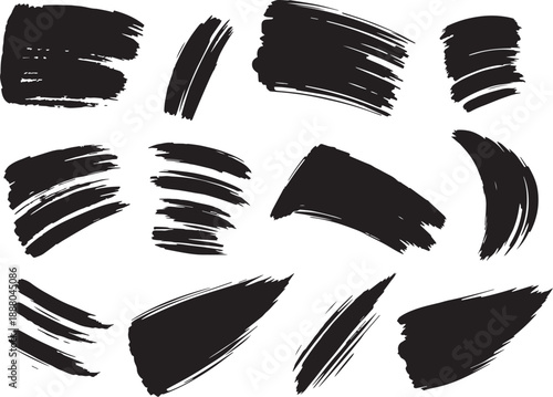 Brush set. Vector black paint brush spots, highlighter lines or felt-tip pen marker. Ink smudge abstract shape stains and smear set with texture