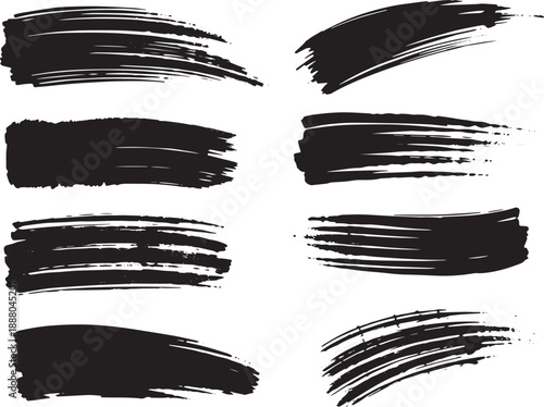 Brush set. Vector black paint brush spots, highlighter lines or felt-tip pen marker. Ink smudge abstract shape stains and smear set with texture