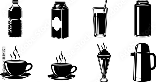 Beverage container illustration set, water bottle, milk carton, coffee cup, thermos, drinkware variety, black and white design, isolated on white background
