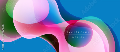 Abstract fluid shapes overlap, creating vibrant color gradients. Blue dominates background, pink and green accents present. Modern design element.
