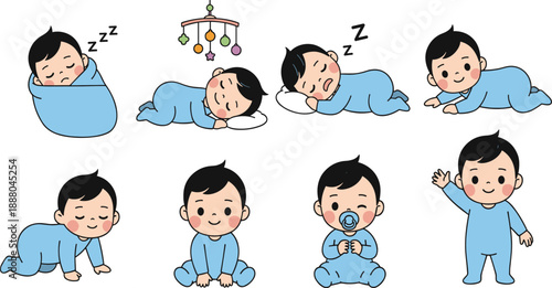 Baby development illustration set, cartoon poses in blue onesie, sleeping, crawling, sitting, standing, early childhood stages, isolated on white background