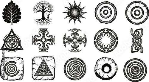 Ancient symbol illustration set, tribal icons, nature and mythology inspired designs, black and white graphic elements, spiritual motifs, isolated on white background