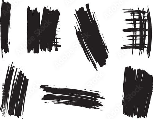 Brush set. Vector black paint brush spots, highlighter lines or felt-tip pen marker. Ink smudge abstract shape stains and smear set with texture