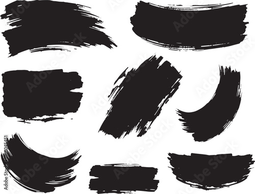 Brush set. Vector black paint brush spots, highlighter lines or felt-tip pen marker. Ink smudge abstract shape stains and smear set with texture