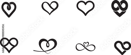 Collection of heart shapes with infinity symbols and creative swirls for romantic designs