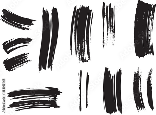 Brush set. Vector black paint brush spots, highlighter lines or felt-tip pen marker. Ink smudge abstract shape stains and smear set with texture