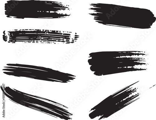 Brush set. Vector black paint brush spots, highlighter lines or felt-tip pen marker. Ink smudge abstract shape stains and smear set with texture
