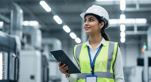 A young, professional woman, likely in her late twenties or early thirties, of South Asian descent, is the primary subject, centered in the frame