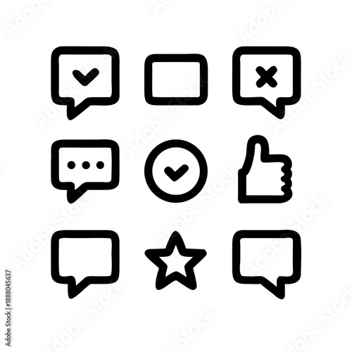Collection of speech bubble icons with various symbols like checkmark, cross, dots, star, and thumbs up